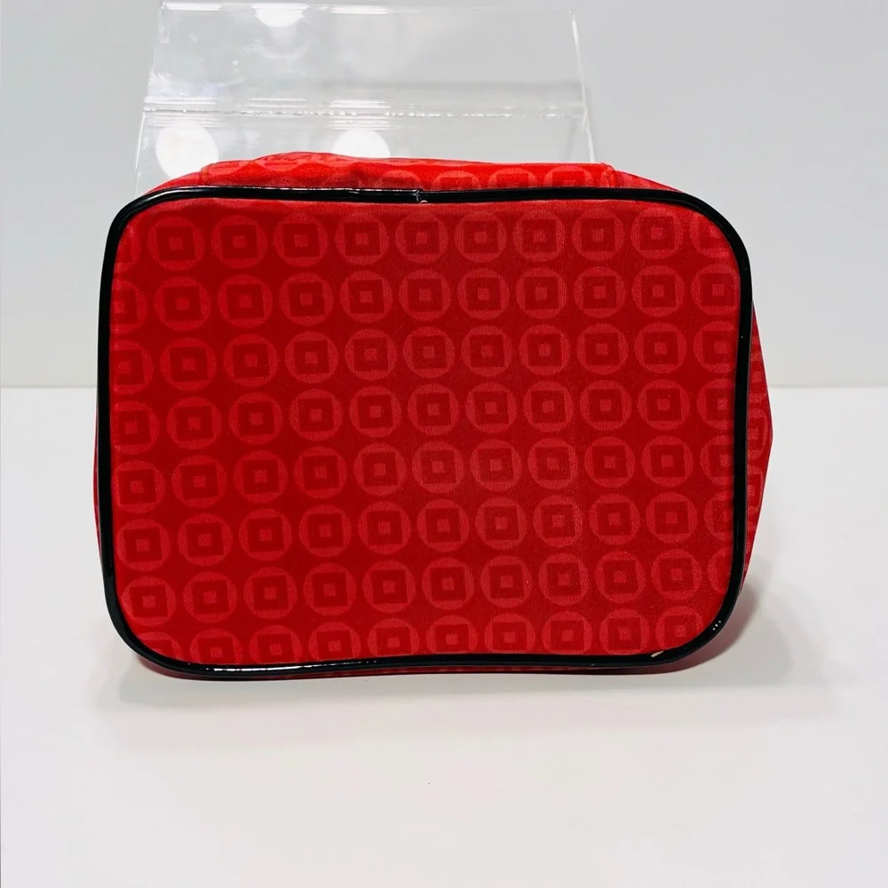 Y2K Lancôme Red Geometric Pattern Cosmetic Bag Black Patent Trim 6x7x4.5 Vintage